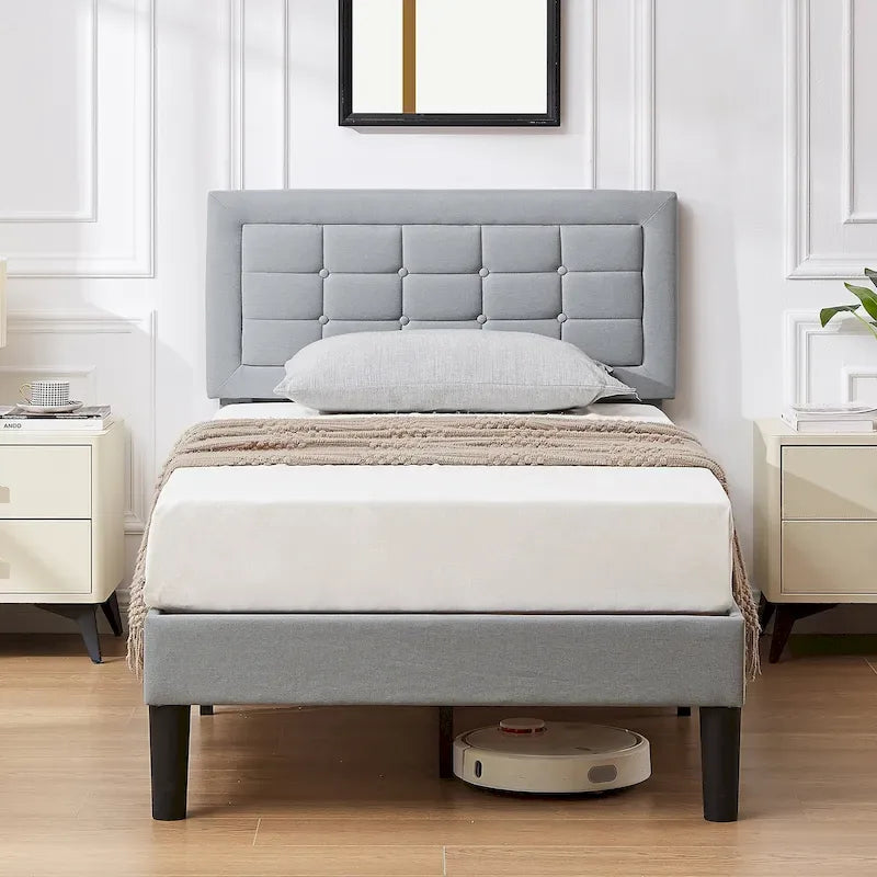 Struttura per letto a piattaforma moderna imbottita con testiera capitonné regolabile in altezza