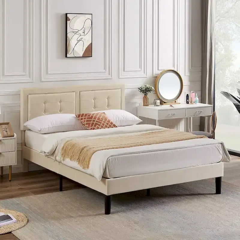 Modern Upholstered Platform Bed Frame with Height Adjustable Tufted Headboard