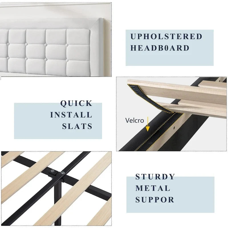 Modern Upholstered Platform Bed Frame with Height Adjustable Tufted Headboard