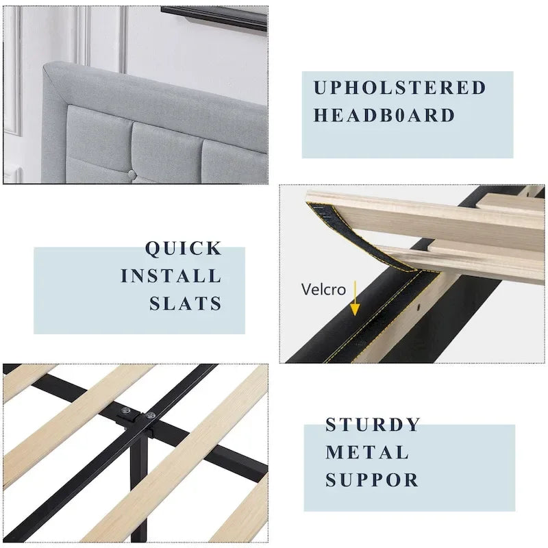 Modern Upholstered Platform Bed Frame with Height Adjustable Tufted Headboard