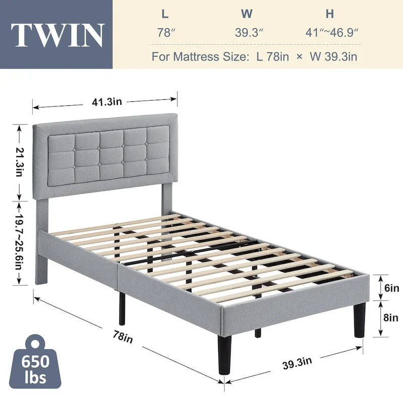 Modern Upholstered Platform Bed Frame with Height Adjustable Tufted Headboard