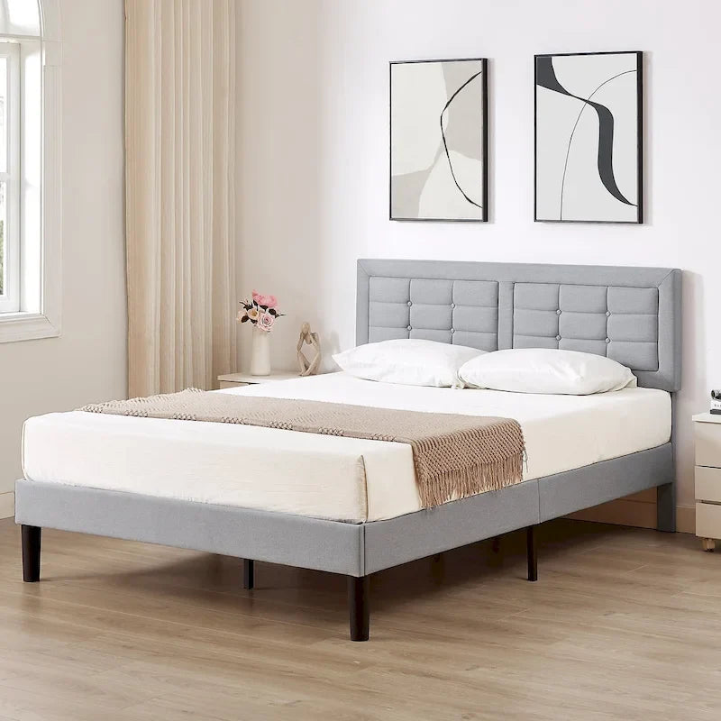 Modern Upholstered Platform Bed Frame with Height Adjustable Tufted Headboard