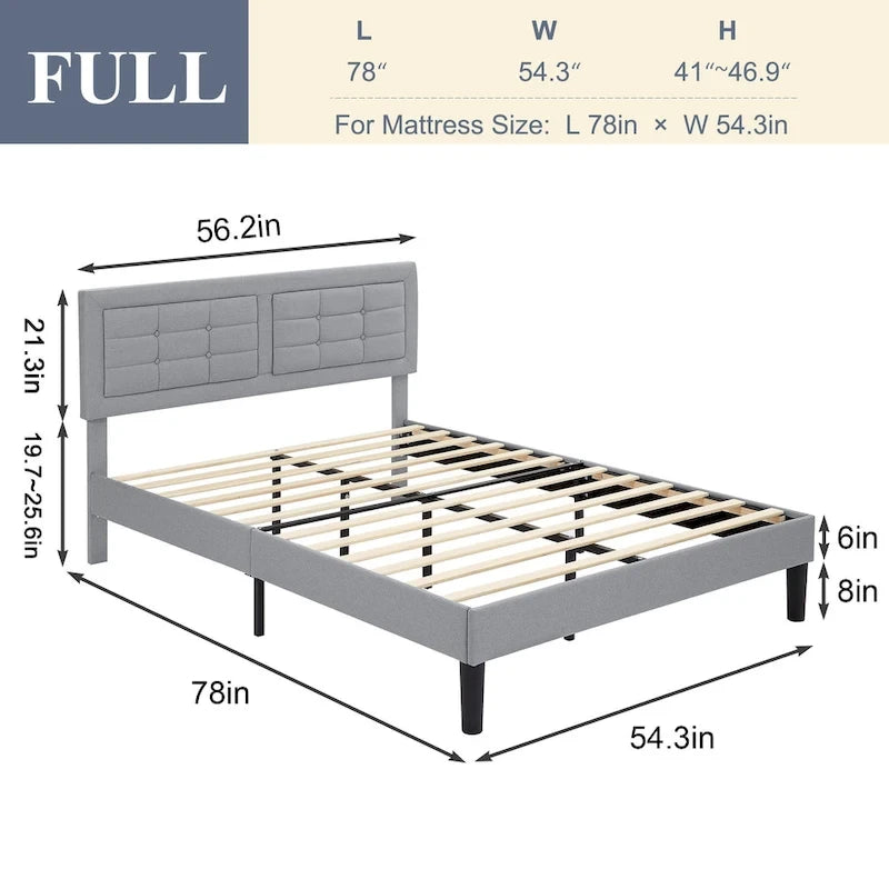 Modern Upholstered Platform Bed Frame with Height Adjustable Tufted Headboard
