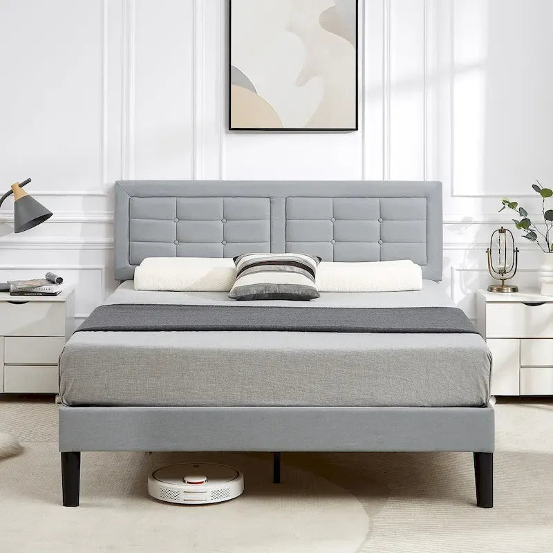 Modern Upholstered Platform Bed Frame with Height Adjustable Tufted Headboard