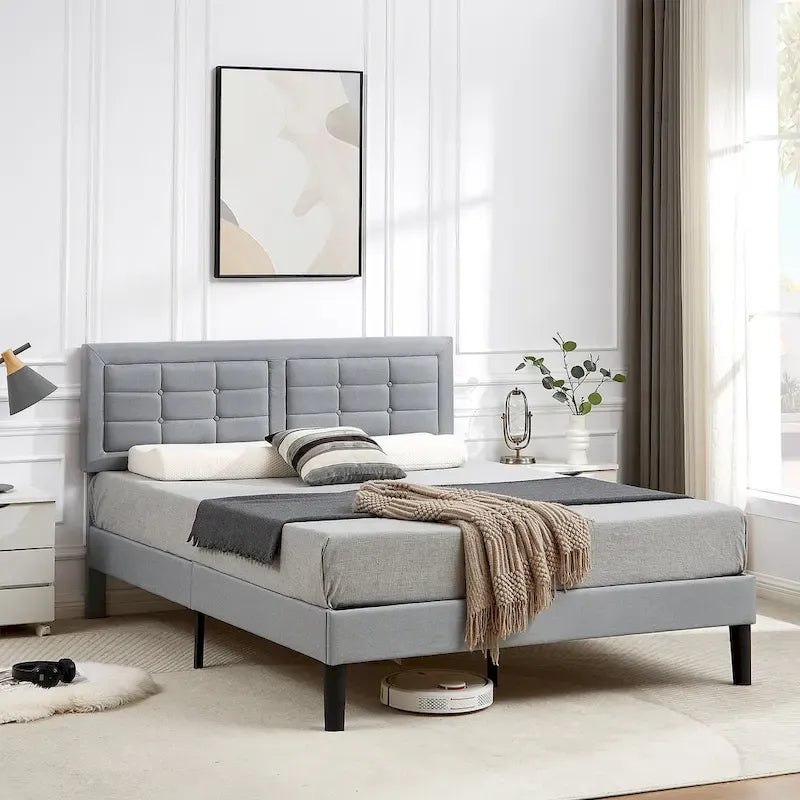 Modern Upholstered Platform Bed Frame with Height Adjustable Tufted Headboard