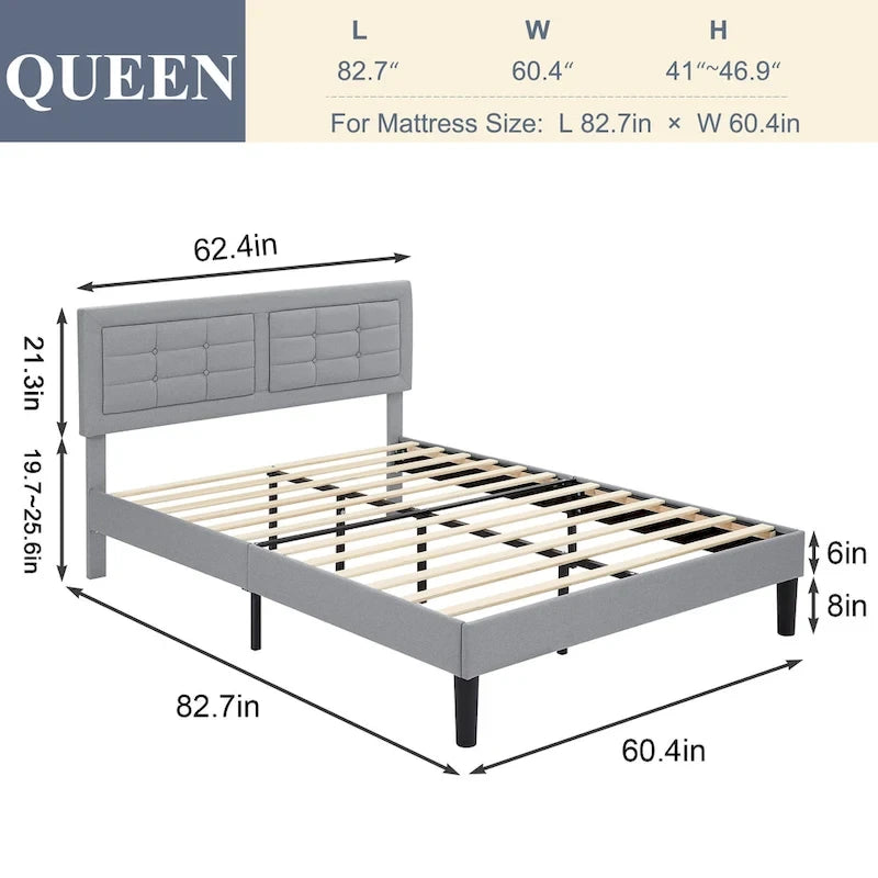 Modern Upholstered Platform Bed Frame with Height Adjustable Tufted Headboard