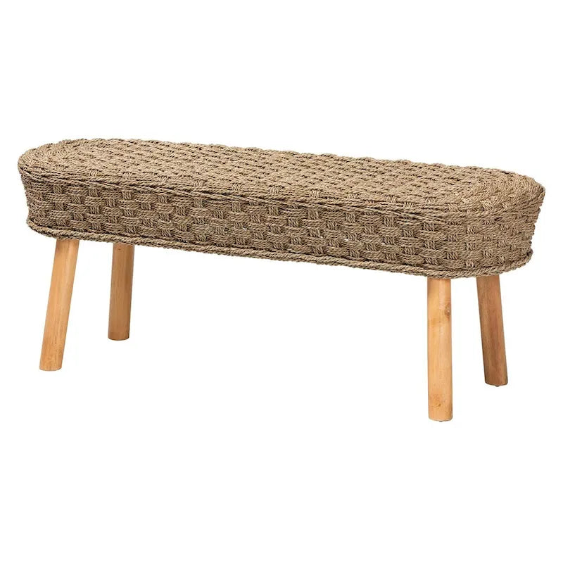 Panca d'accento moderna in stile boho, in giunco marino naturale e legno di acacia