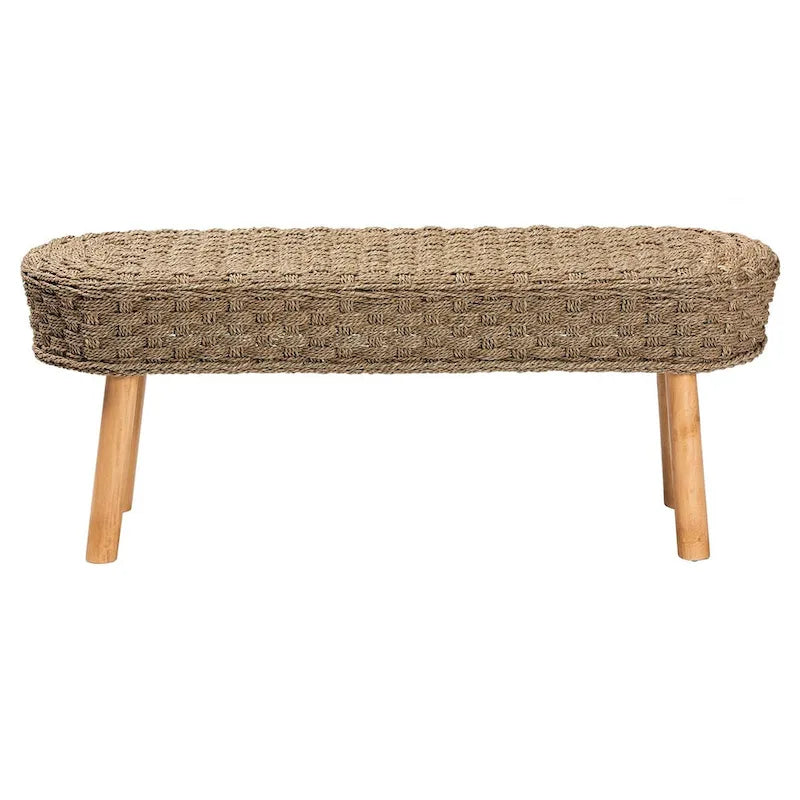 Panca d'accento moderna in stile boho, in giunco marino naturale e legno di acacia