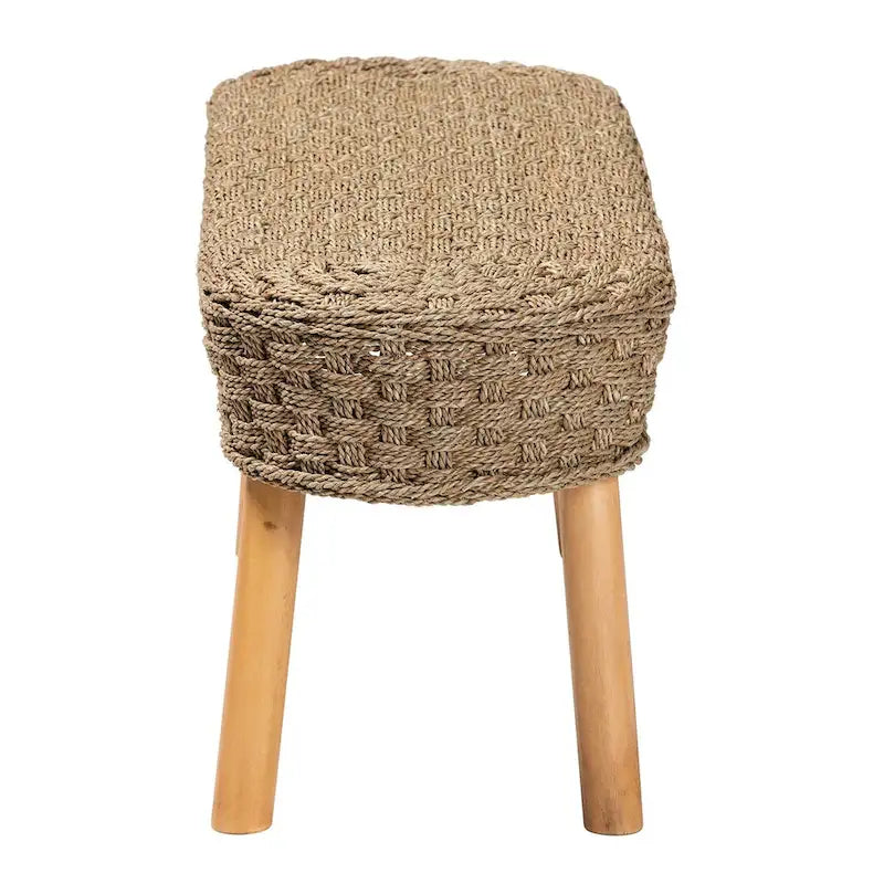 Panca d'accento moderna in stile boho, in giunco marino naturale e legno di acacia