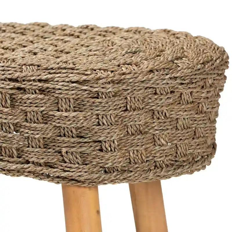 Panca d'accento moderna in stile boho, in giunco marino naturale e legno di acacia