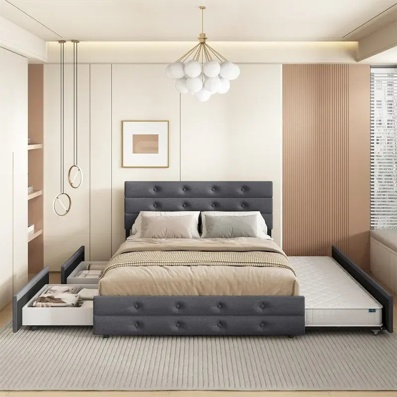 Letto estraibile imbottito in tessuto di lino, misura queen