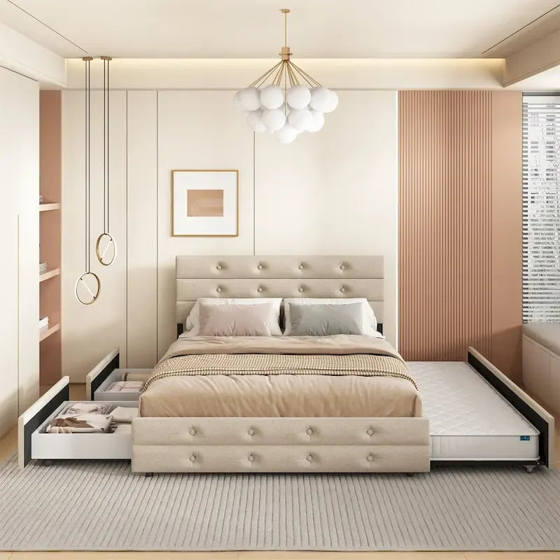 Letto estraibile imbottito in tessuto di lino, misura queen
