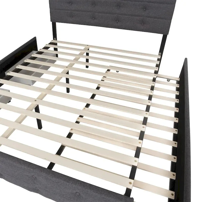 Queen Size Upholstered Linen Fabric Trundle bed