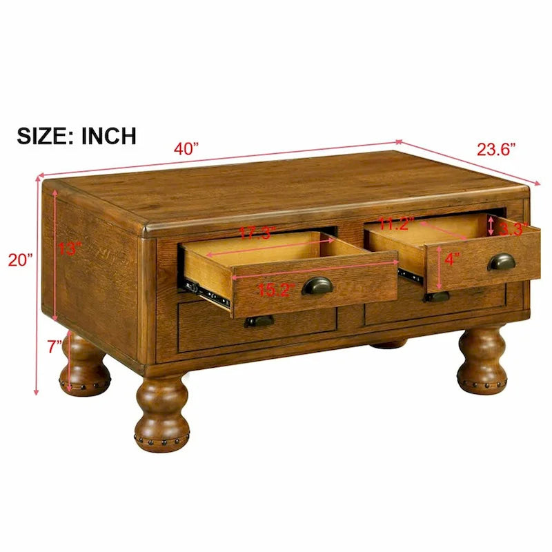 Tavolino rettangolare da 40 in legno massello con 4 cassetti