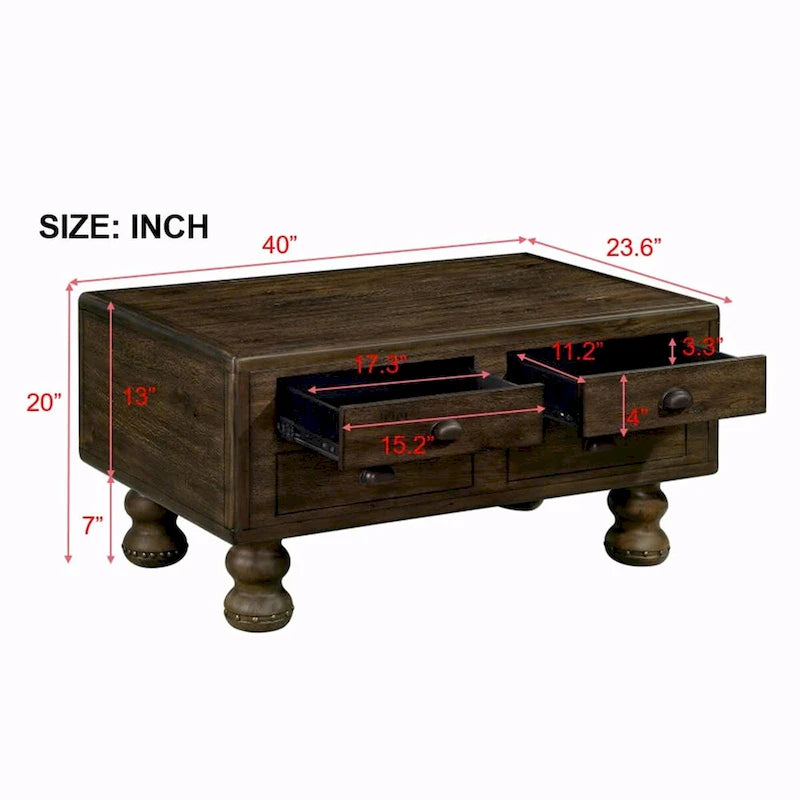 Tavolino rettangolare da 40 in legno massello con 4 cassetti