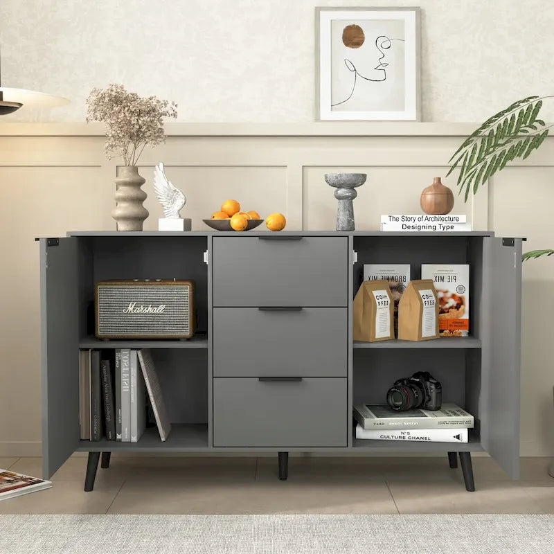 Credenza buffet con contenitore, mobile da caffè in legno, 3 cassetti e 2 ante, credenza a buffet