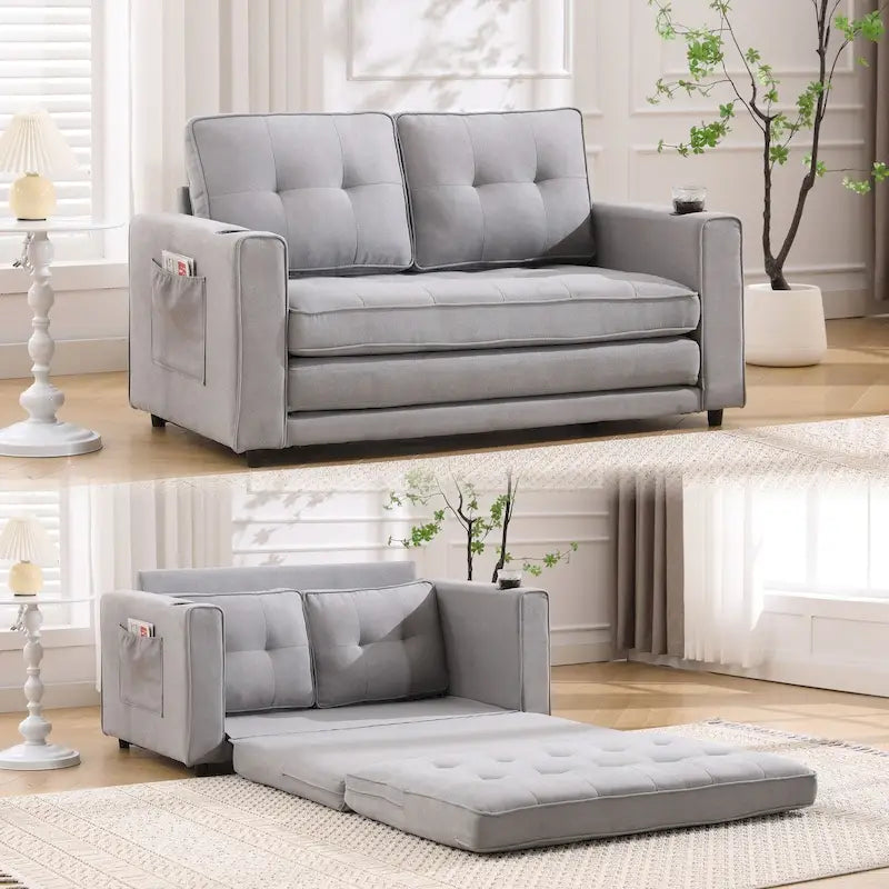 Divano futon imbottito con letto estraibile, divanetto capitonné pieghevole disponibile in vari colori, con portabicchieri