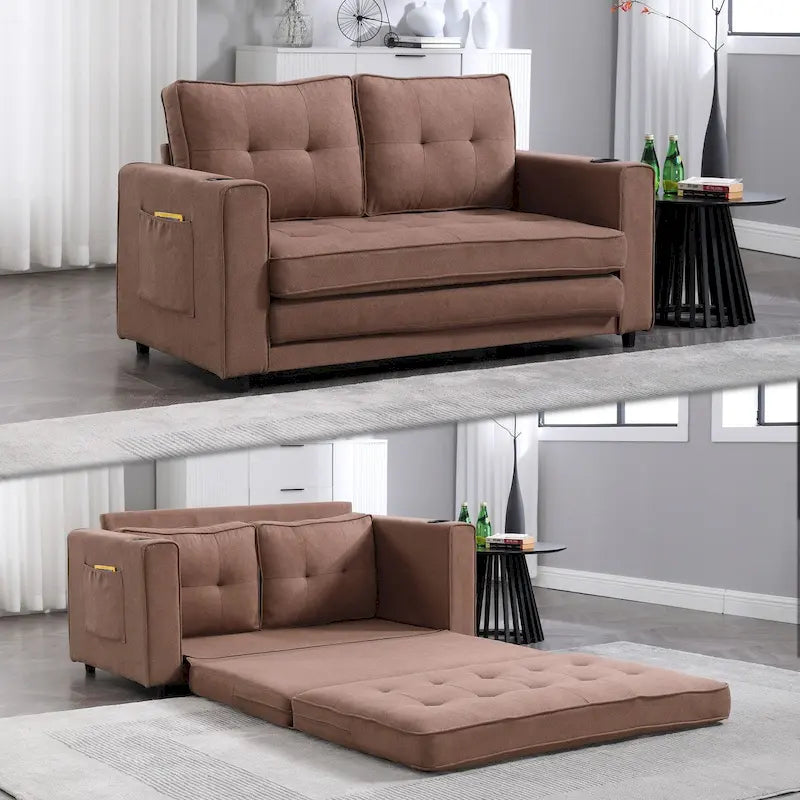 Divano futon imbottito con letto estraibile, divanetto capitonné pieghevole disponibile in vari colori, con portabicchieri