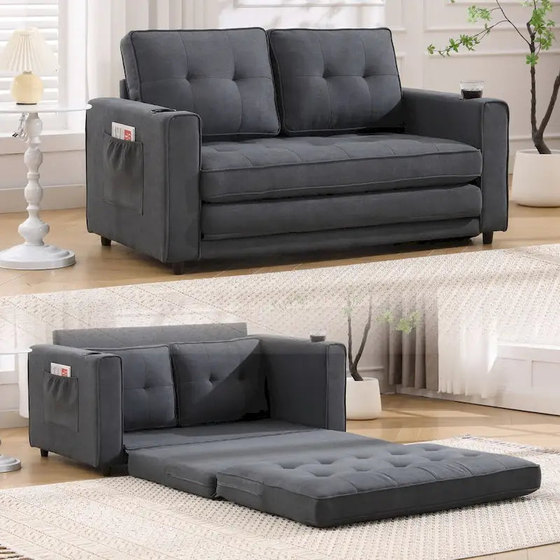 Divano futon imbottito con letto estraibile, divanetto capitonné pieghevole disponibile in vari colori, con portabicchieri