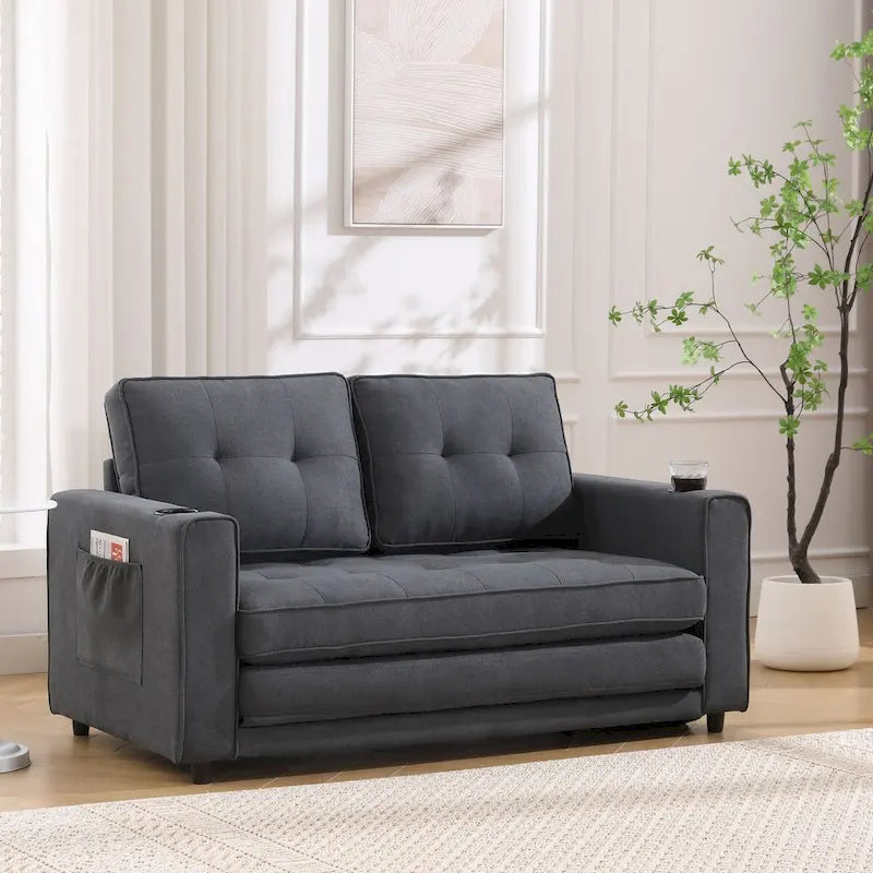 Divano futon imbottito con letto estraibile, divanetto capitonné pieghevole disponibile in vari colori, con portabicchieri