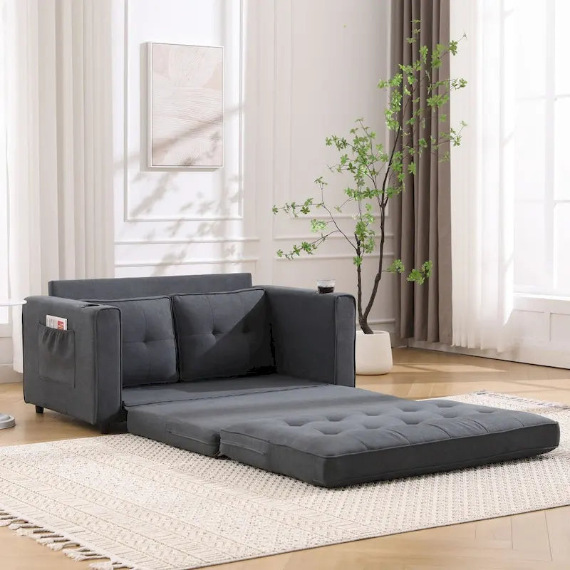 Divano futon imbottito con letto estraibile, divanetto capitonné pieghevole disponibile in vari colori, con portabicchieri