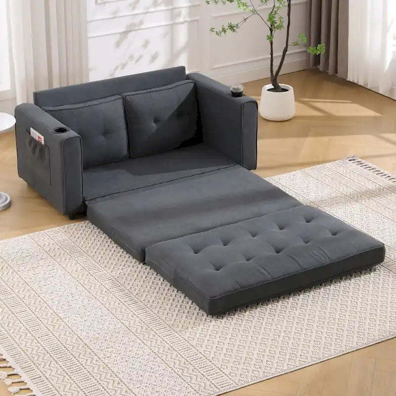 Divano futon imbottito con letto estraibile, divanetto capitonné pieghevole disponibile in vari colori, con portabicchieri