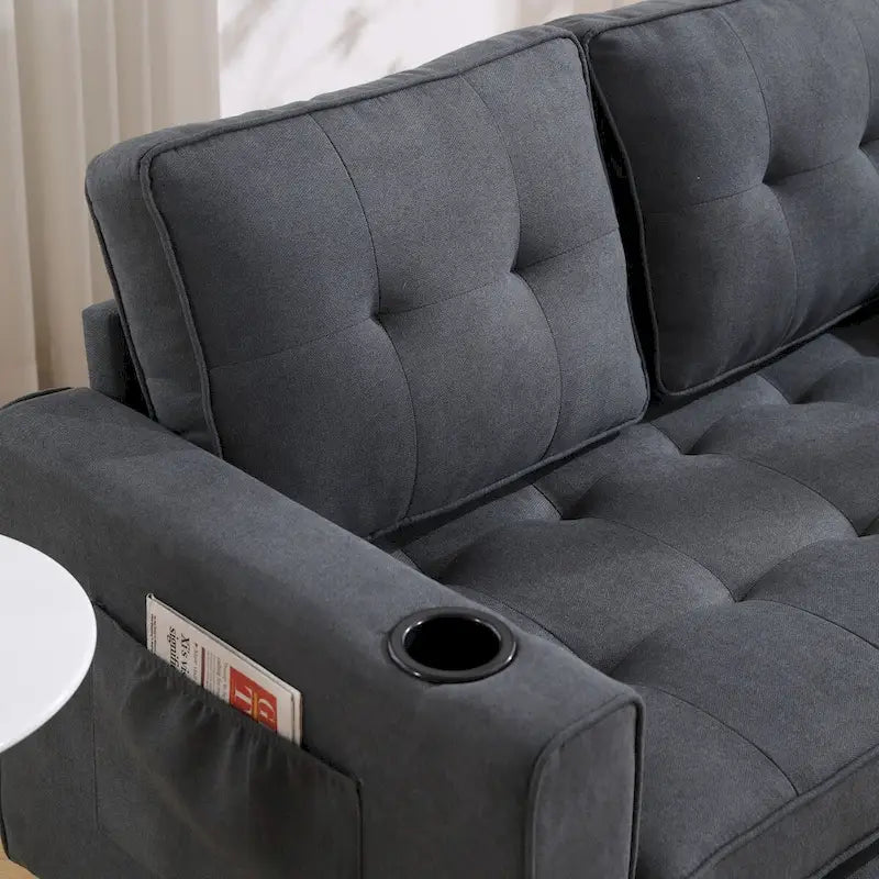 Divano futon imbottito con letto estraibile, divanetto capitonné pieghevole disponibile in vari colori, con portabicchieri