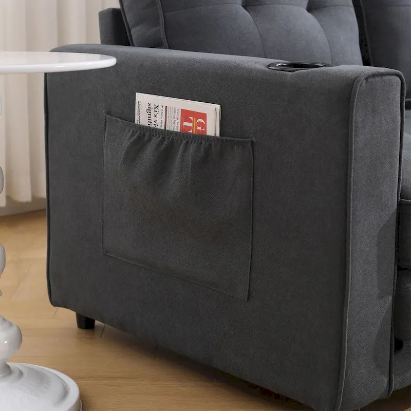Divano futon imbottito con letto estraibile, divanetto capitonné pieghevole disponibile in vari colori, con portabicchieri