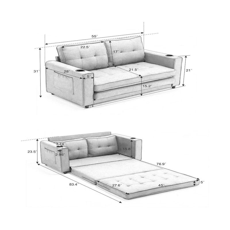 Divano futon imbottito con letto estraibile, divanetto capitonné pieghevole disponibile in vari colori, con portabicchieri