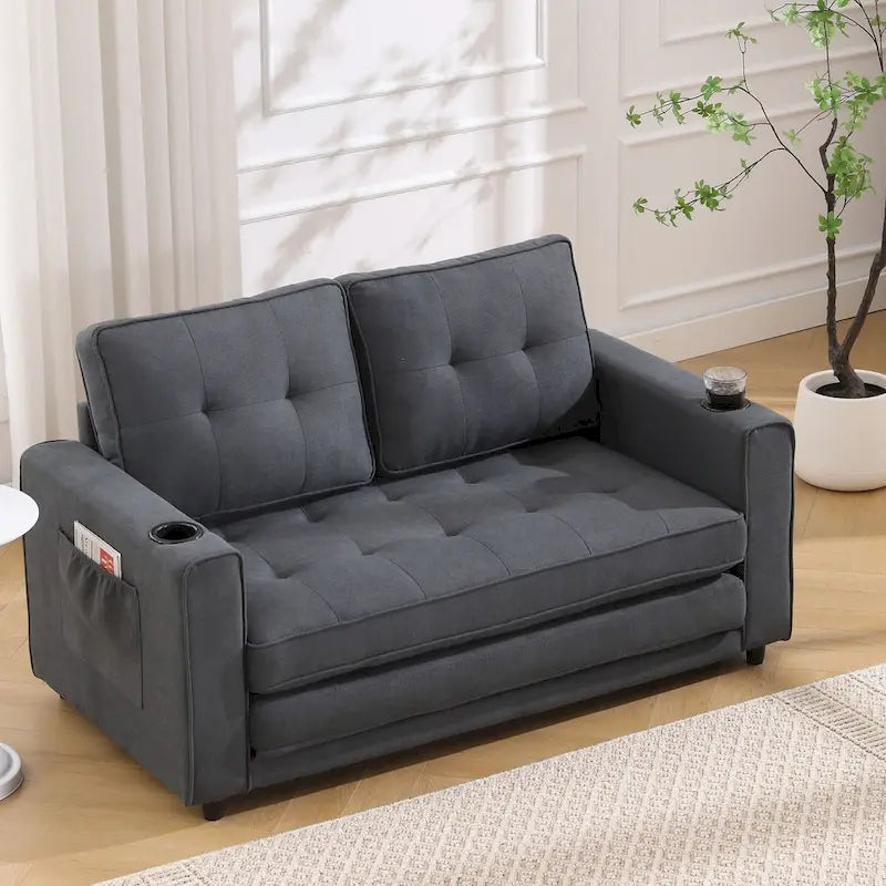 Divano futon imbottito con letto estraibile, divanetto capitonné pieghevole disponibile in vari colori, con portabicchieri