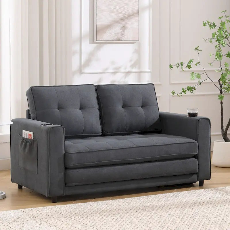 Divano futon imbottito con letto estraibile, divanetto capitonné pieghevole disponibile in vari colori, con portabicchieri
