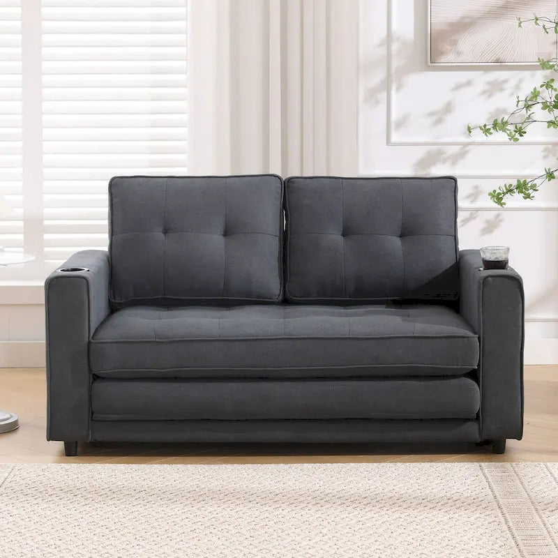 Divano futon imbottito con letto estraibile, divanetto capitonné pieghevole disponibile in vari colori, con portabicchieri