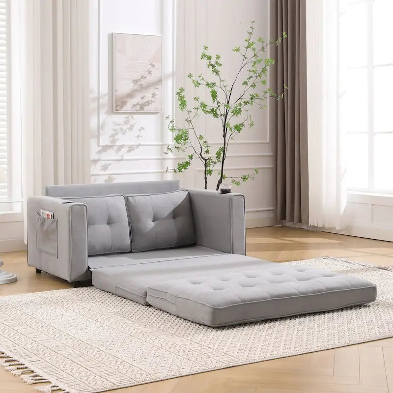 Divano futon imbottito con letto estraibile, divanetto capitonné pieghevole disponibile in vari colori, con portabicchieri