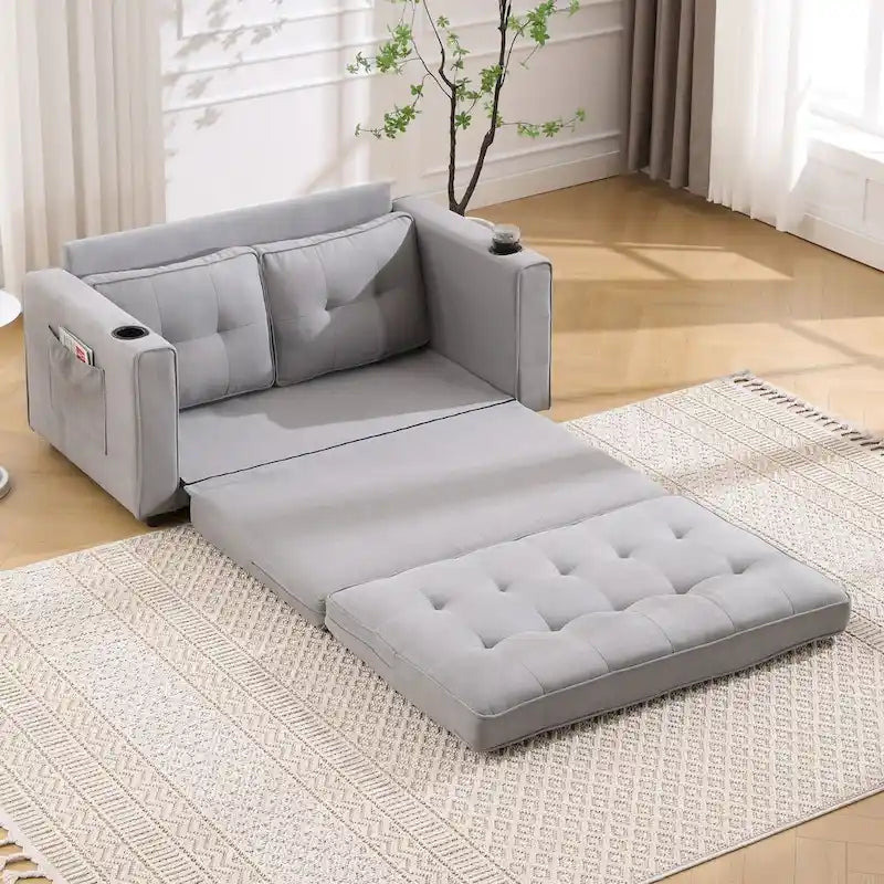 Divano futon imbottito con letto estraibile, divanetto capitonné pieghevole disponibile in vari colori, con portabicchieri