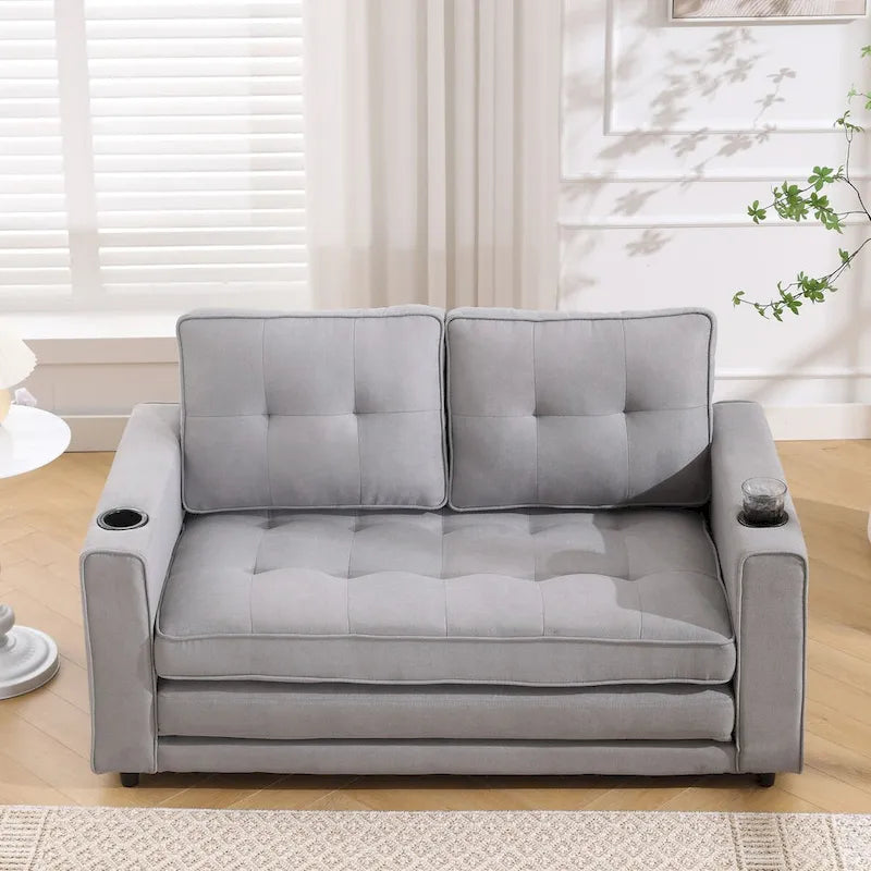 Divano futon imbottito con letto estraibile, divanetto capitonné pieghevole disponibile in vari colori, con portabicchieri
