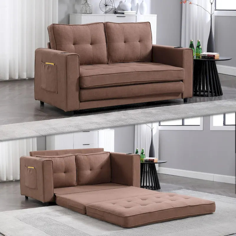 Divano futon imbottito con letto estraibile, divanetto capitonné pieghevole disponibile in vari colori, con portabicchieri