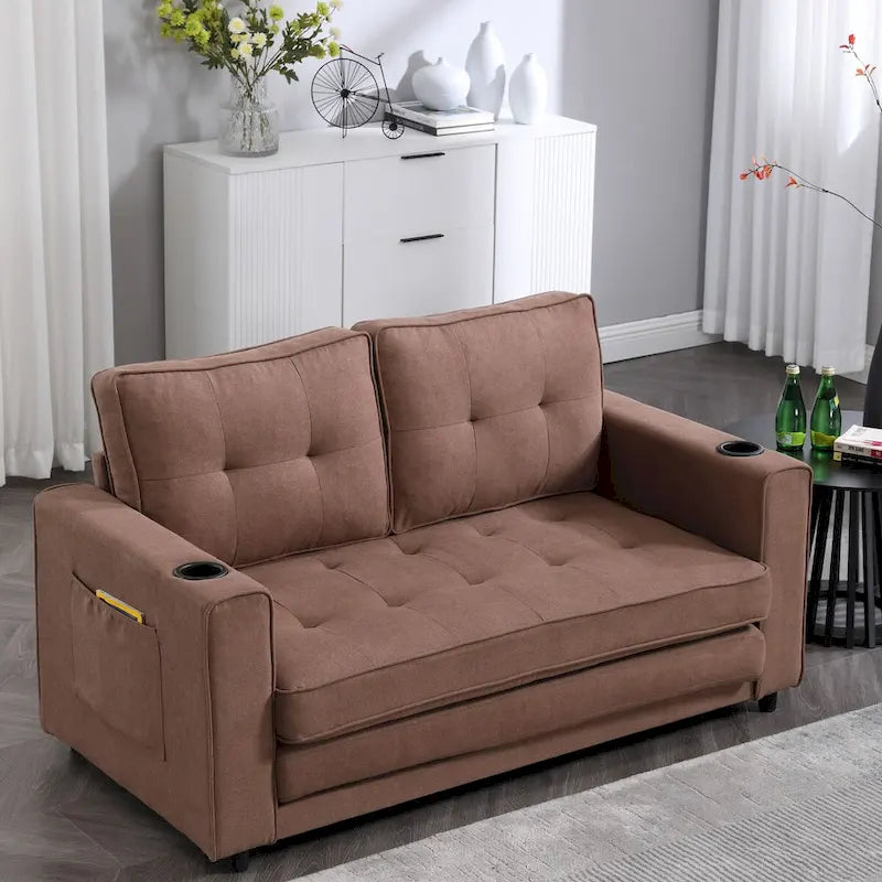 Divano futon imbottito con letto estraibile, divanetto capitonné pieghevole disponibile in vari colori, con portabicchieri