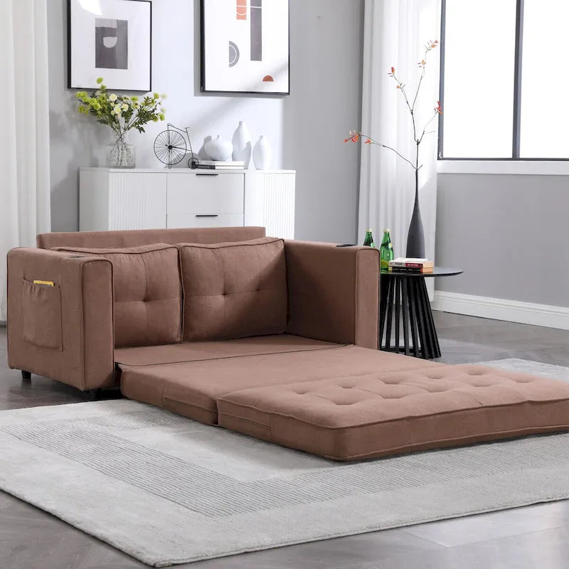 Divano futon imbottito con letto estraibile, divanetto capitonné pieghevole disponibile in vari colori, con portabicchieri