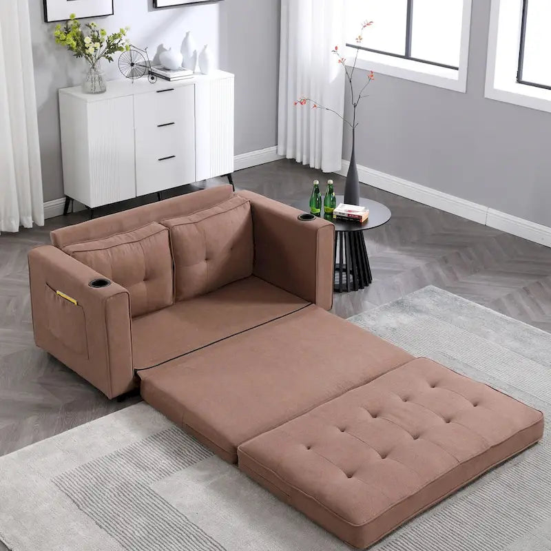 Divano futon imbottito con letto estraibile, divanetto capitonné pieghevole disponibile in vari colori, con portabicchieri