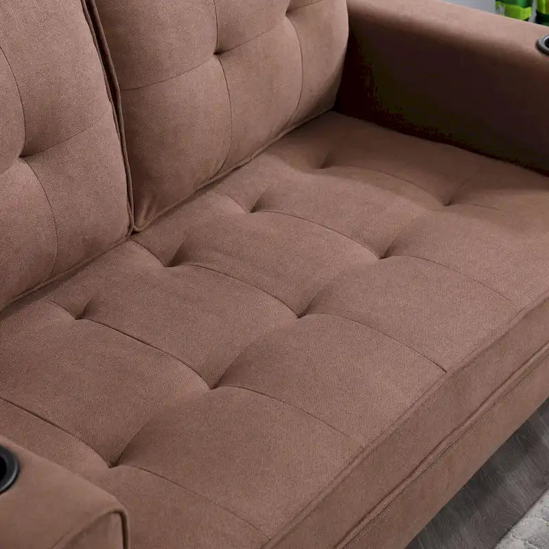 Divano futon imbottito con letto estraibile, divanetto capitonné pieghevole disponibile in vari colori, con portabicchieri